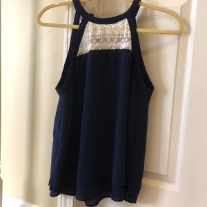 Navy and white lace high neck tank top.